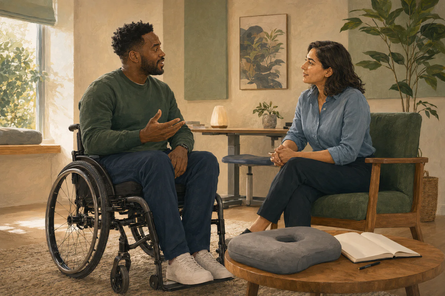 A wheelchair user speaking openly with a rehabilitation clinician about sensation, comfort, and sexual health.