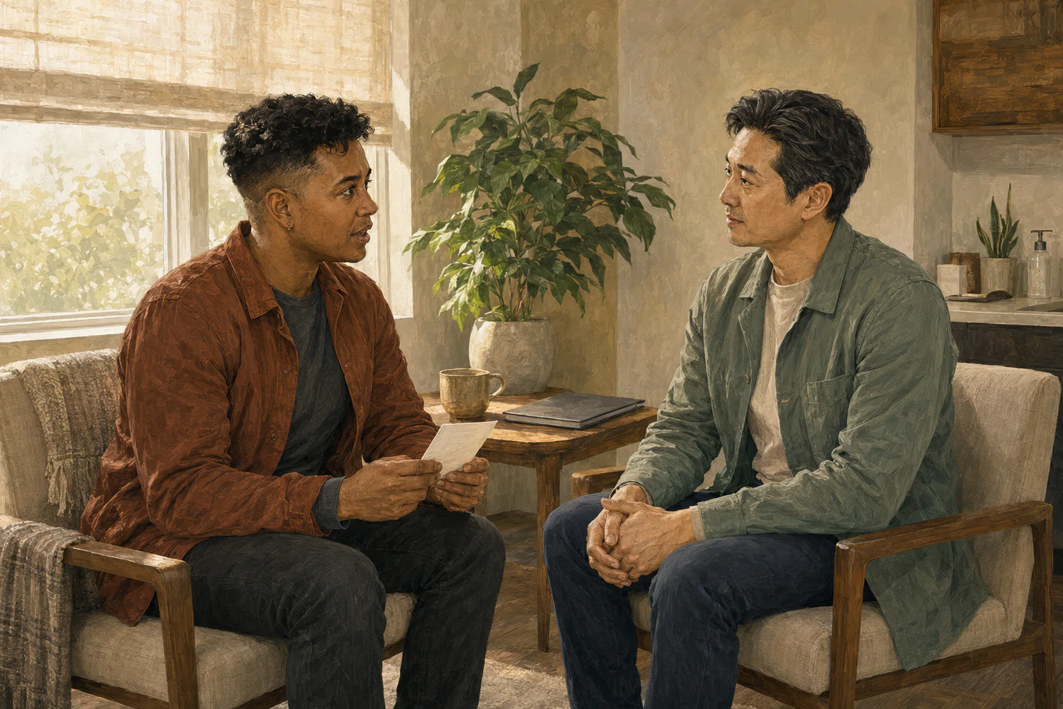 A patient and clinician having a respectful, matter-of-fact conversation in a private exam room.