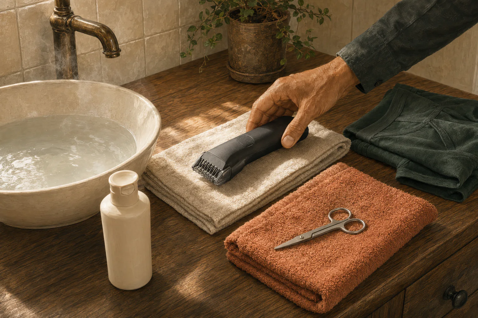 A bathroom counter prepared for careful grooming with a clean trimmer, towel, and fragrance-free skin care.