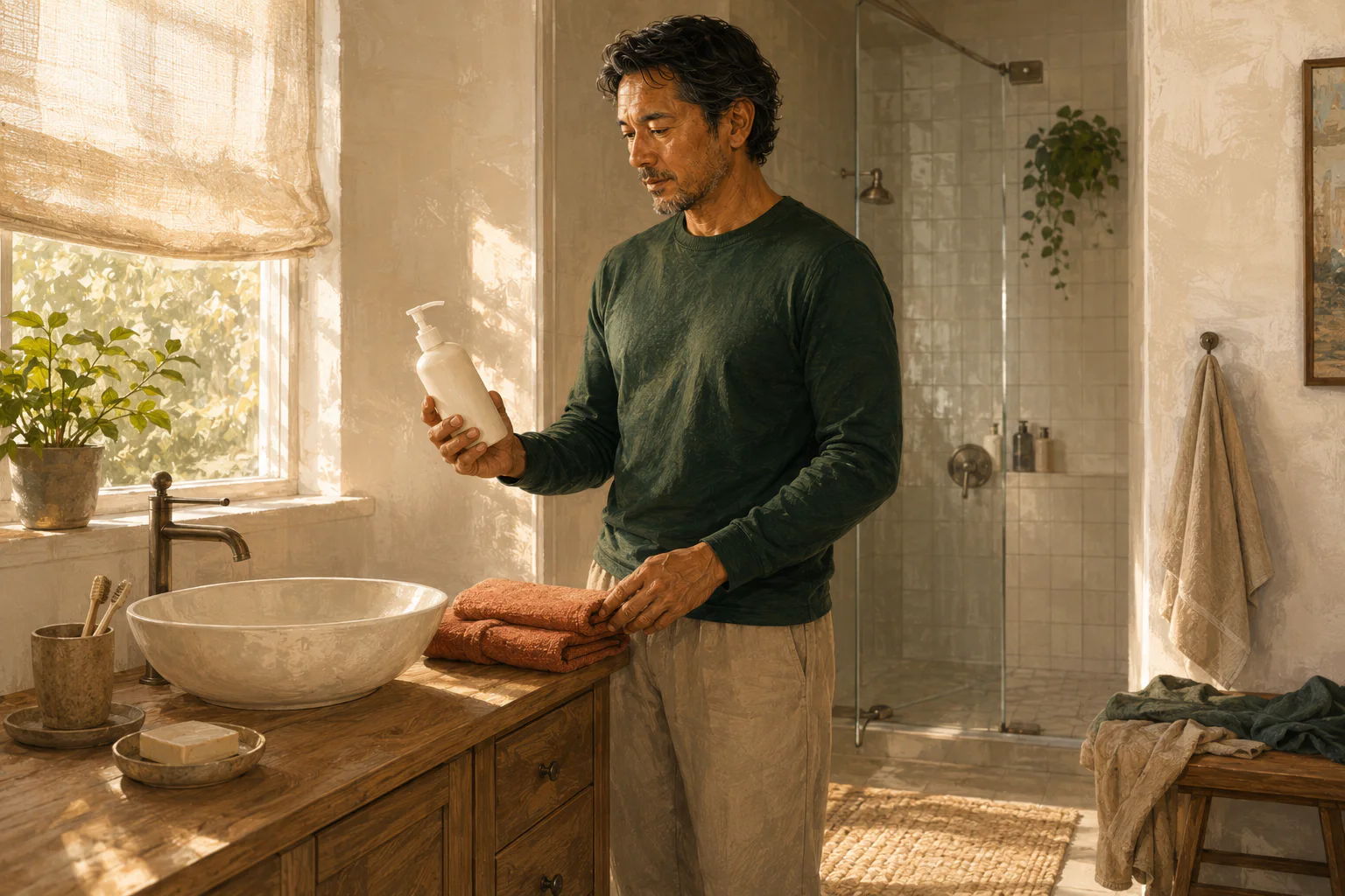 A calm bathroom scene with an adult choosing gentle, fragrance-free washing supplies and a clean towel.