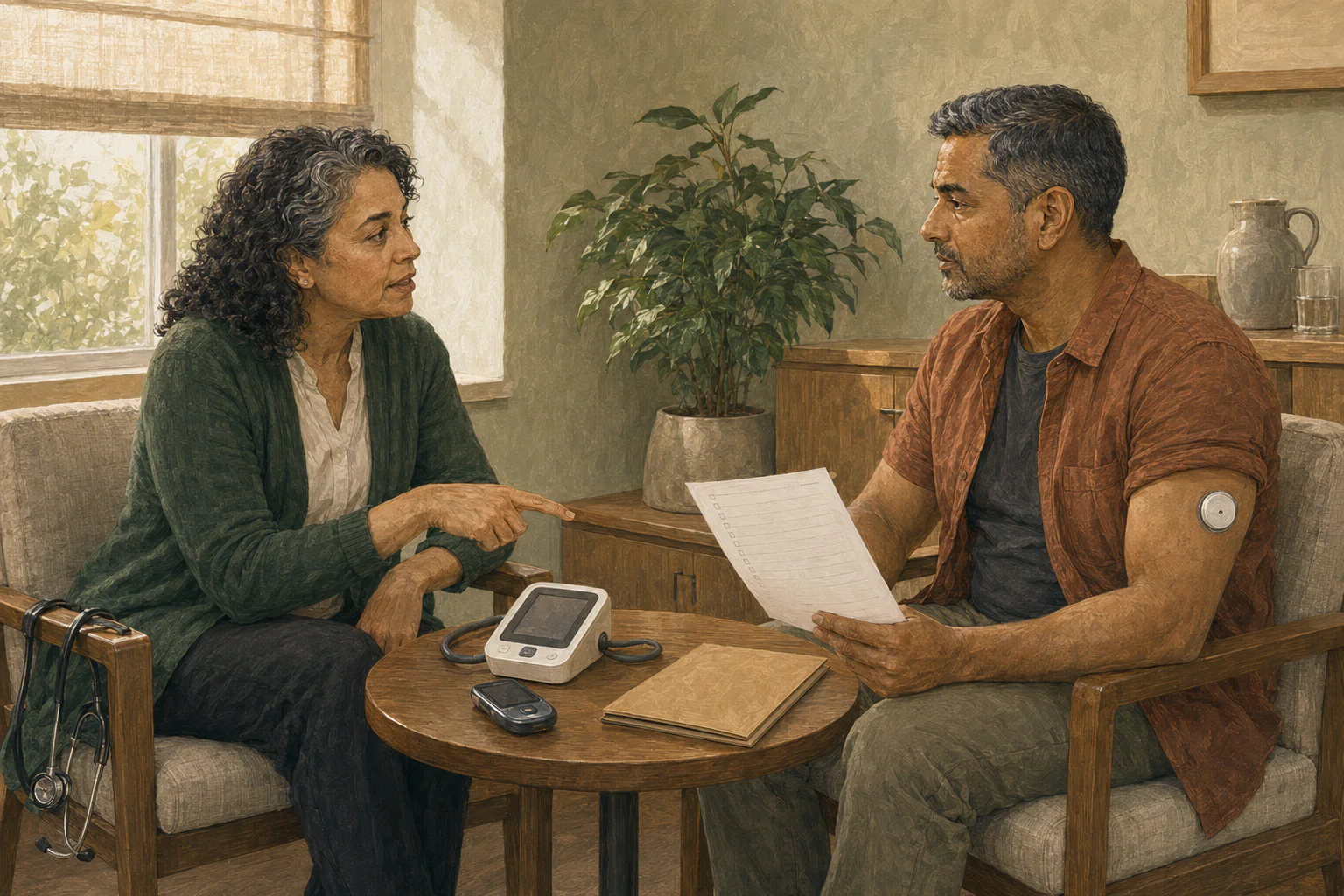 An adult and clinician reviewing medicines, a glucose monitor, and whole-body health factors together.
