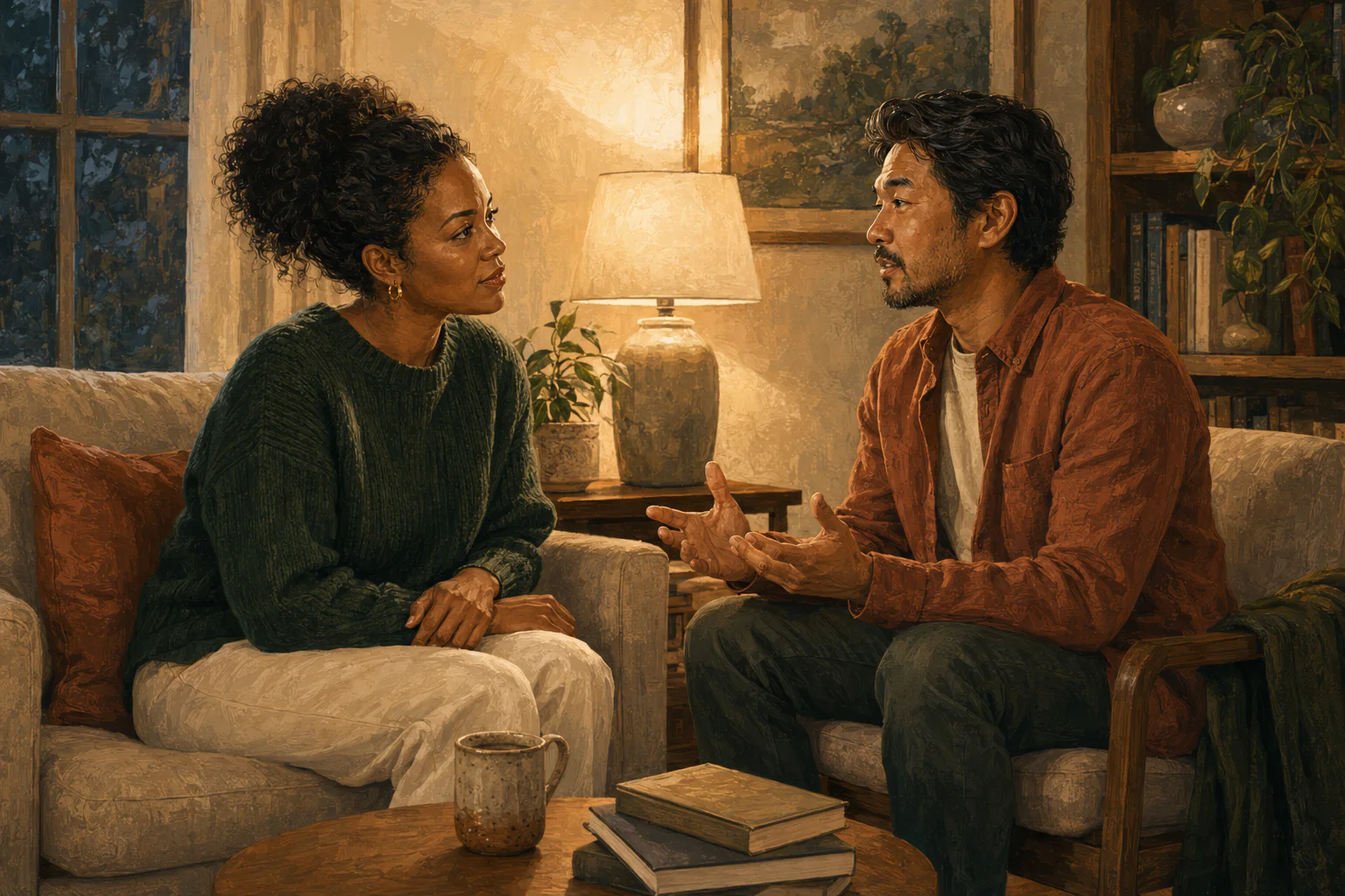 Two fully clothed partners having a calm and supportive conversation at home.