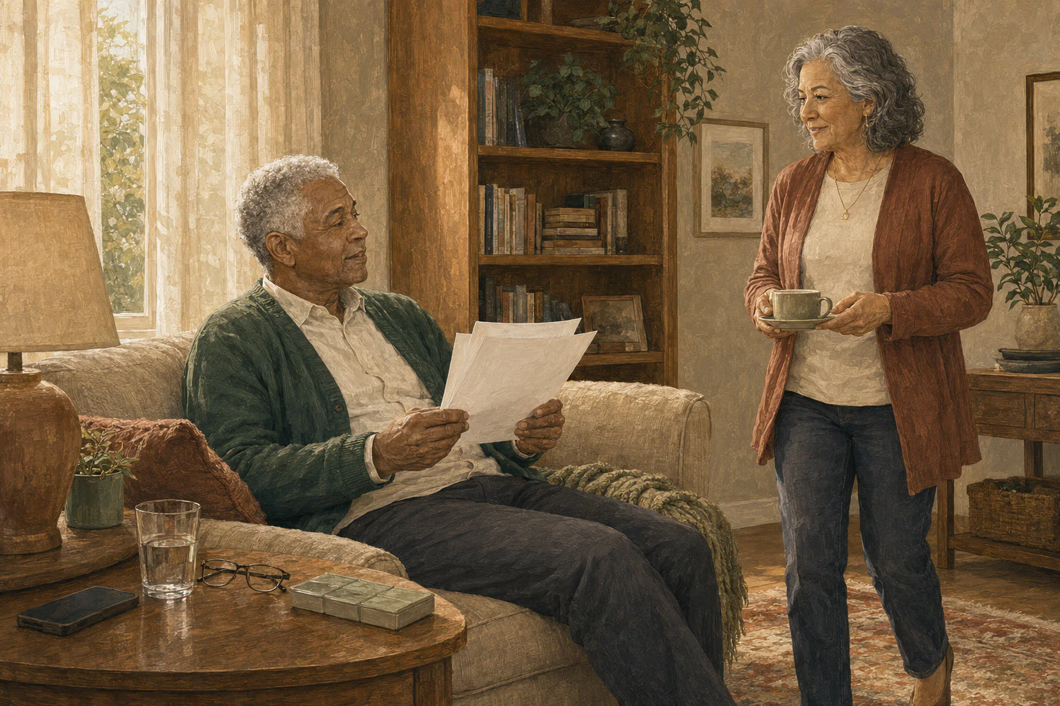 A fully clothed adult recovering at home with discharge instructions, water, and a phone nearby.
