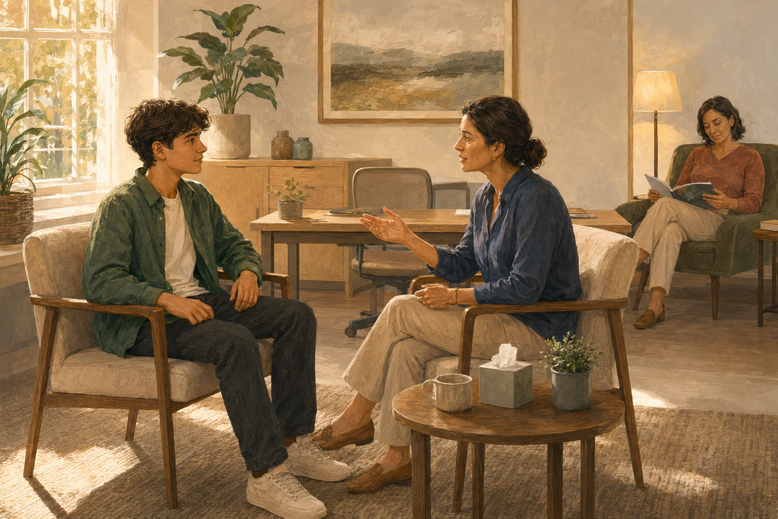 A clothed teenager speaking with an adolescent-health clinician while a trusted adult waits supportively nearby.