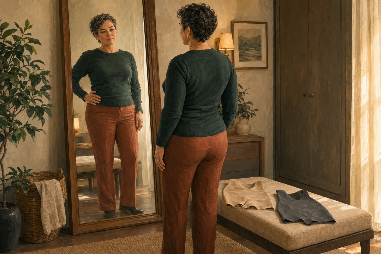 A clothed transgender adult choosing a supportive garment while considering comfort, skin, and circulation.